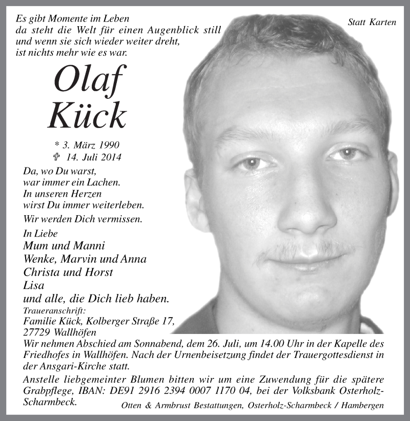 Traueranzeige von Olaf Kück von Osterholzer Kreisblatt