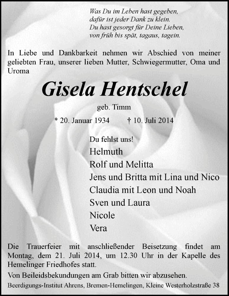 Traueranzeige von Gisela Hentschel von WESER-KURIER