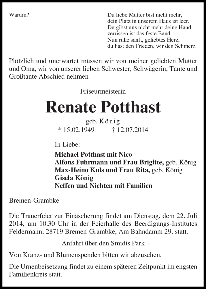  Traueranzeige für Renate Potthast vom 17.07.2014 aus Die Norddeutsche