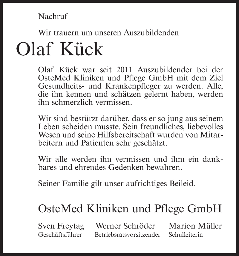 Traueranzeige von Olaf Kück von Osterholzer Kreisblatt