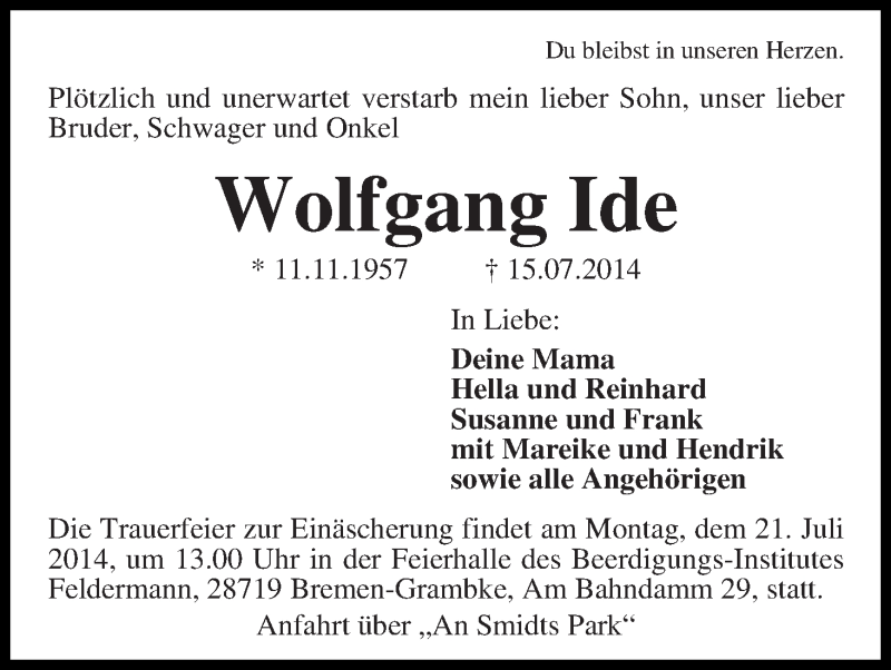  Traueranzeige für Wolfgang Ide vom 18.07.2014 aus Die Norddeutsche