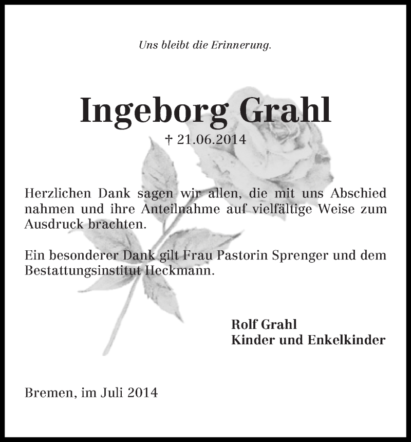 Traueranzeige von Ingeborg Grahl von Die Norddeutsche