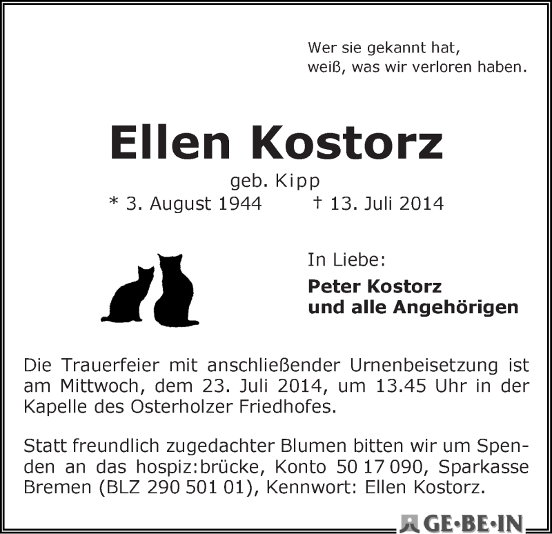 Traueranzeige von Ellen Kostorz von WESER-KURIER