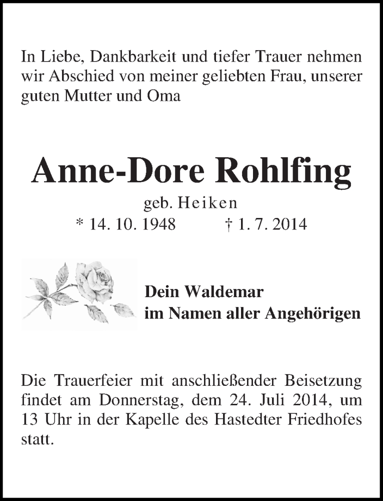 Traueranzeige von Anne-Dore Rohlfing von WESER-KURIER