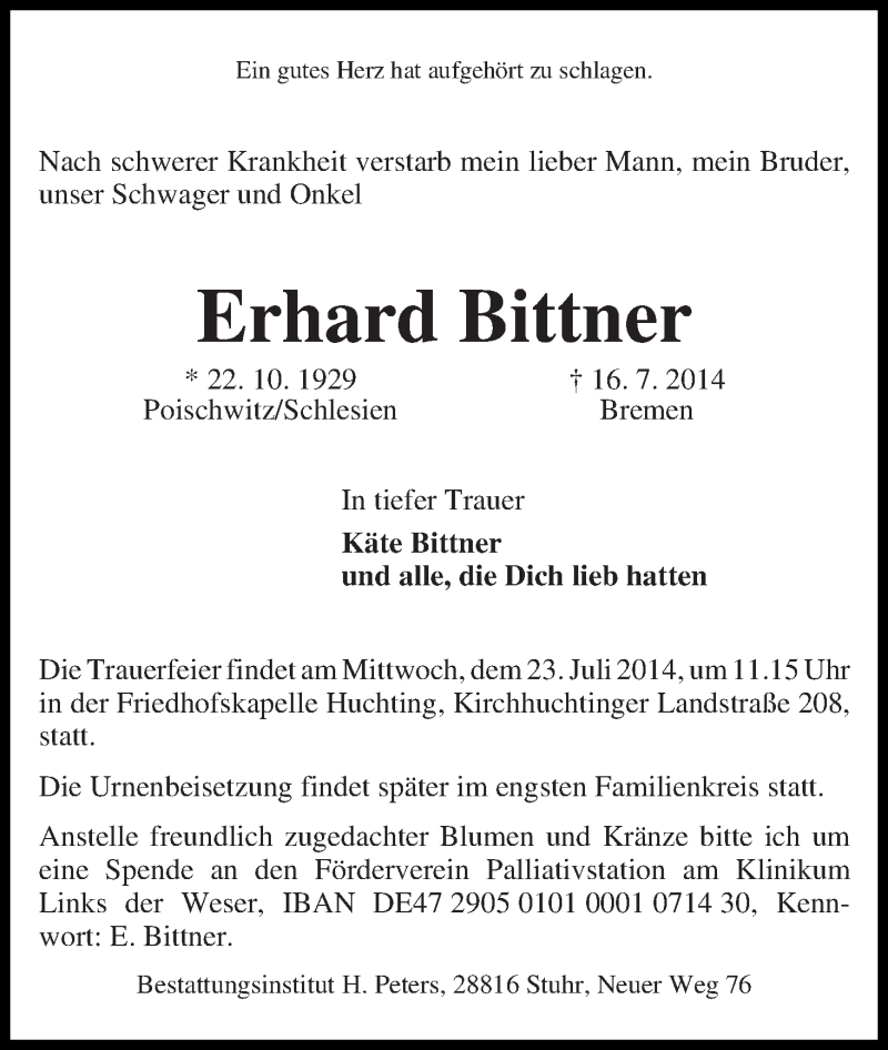 Traueranzeige von Erhard Bittner von WESER-KURIER