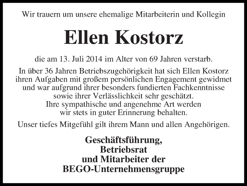 Traueranzeige von Ellen Kostorz von WESER-KURIER
