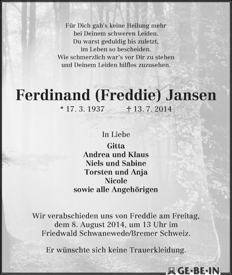 Traueranzeige von Ferdinand Jansen von WESER-KURIER