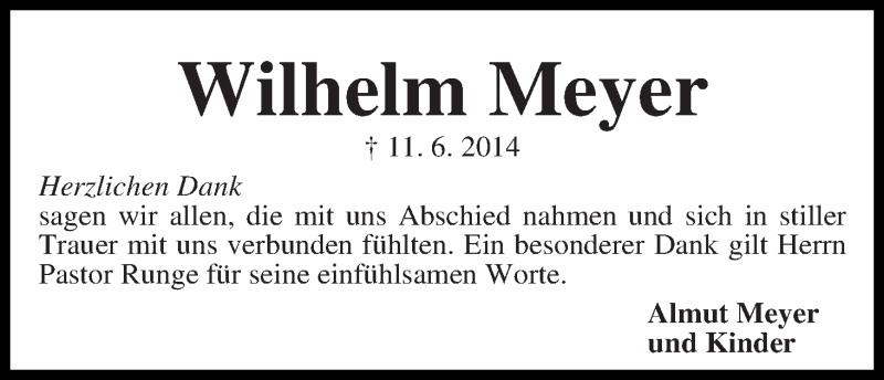  Traueranzeige für Wilhelm Meyer vom 19.07.2014 aus WESER-KURIER