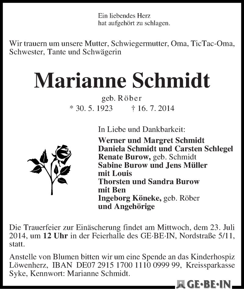 Traueranzeige von Marianne Schmidt von WESER-KURIER