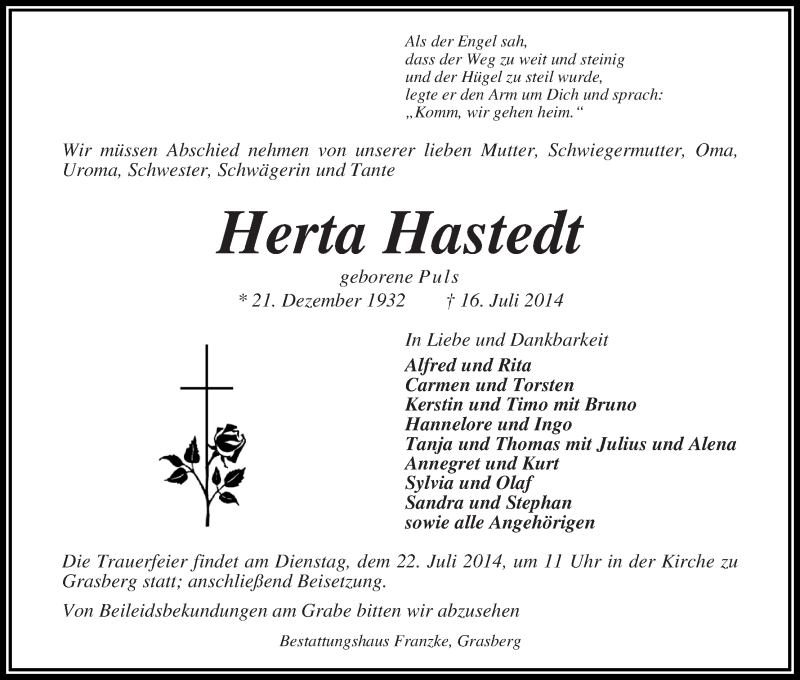 Traueranzeige von Herta Hastedt von Wuemme Zeitung