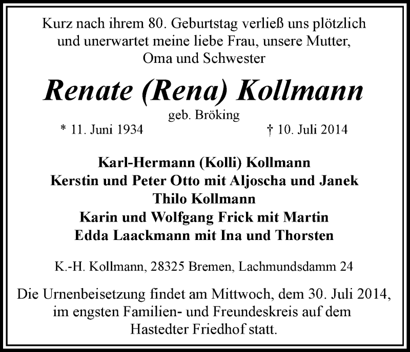 Traueranzeige von Renate  Kollmann von WESER-KURIER