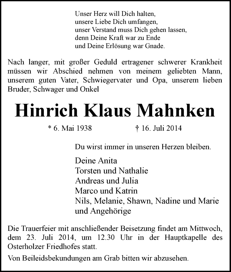 Traueranzeige von Hinrich Klaus Mahnken von WESER-KURIER