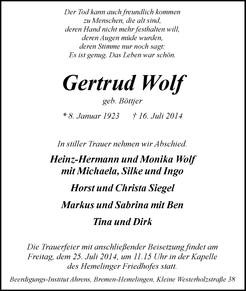 Traueranzeige von Gertrud Wolf von WESER-KURIER