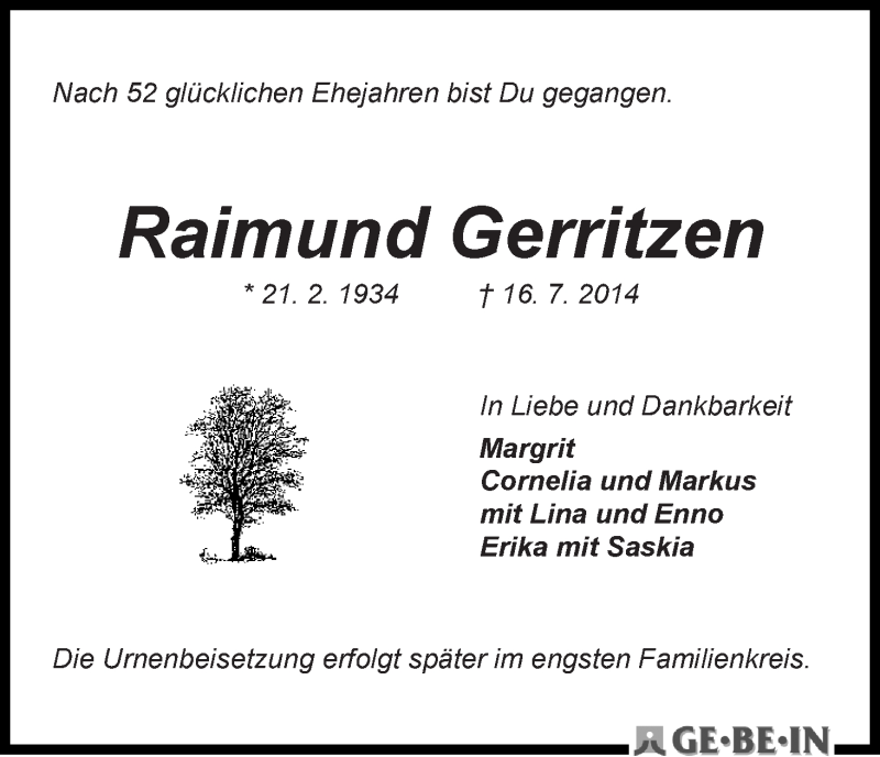Traueranzeige von Raimund Gerritzen von WESER-KURIER