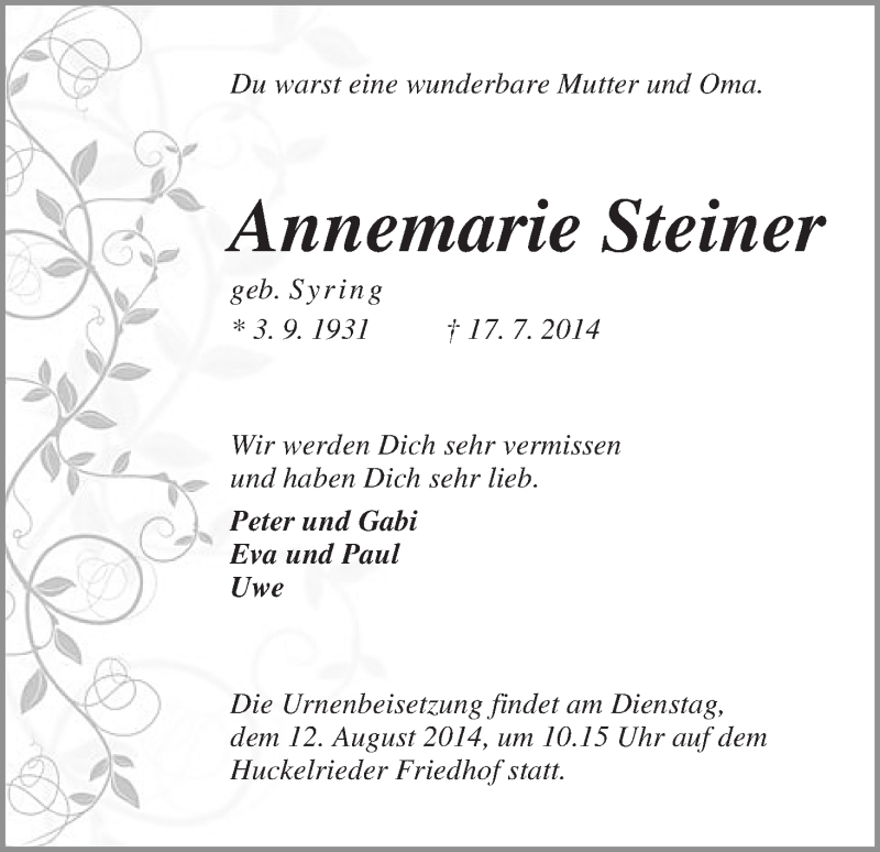 Traueranzeige von Annemarie Steiner von WESER-KURIER