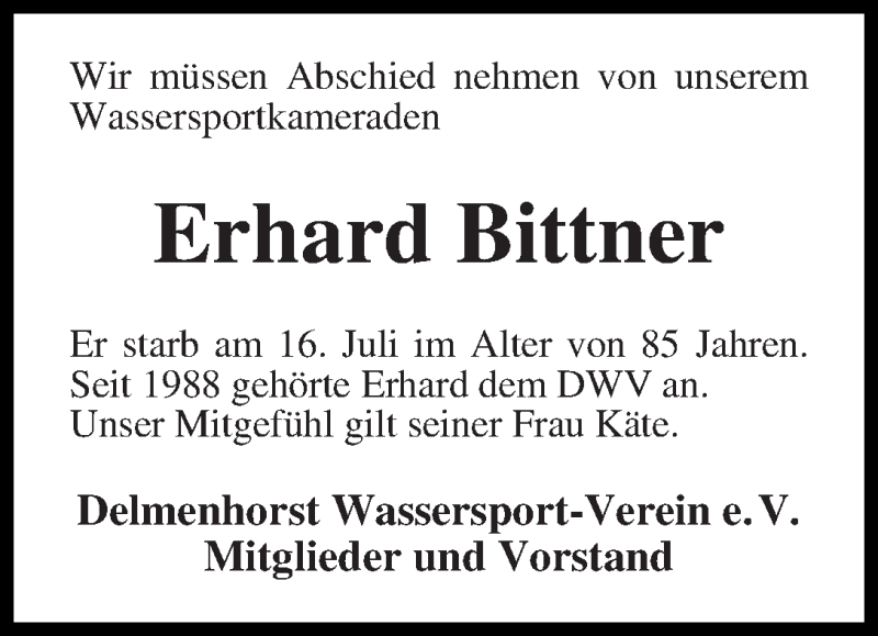 Traueranzeige von Erhard Bittner von WESER-KURIER