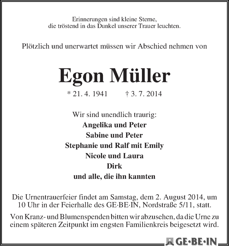 Traueranzeige von Egon Müller von WESER-KURIER