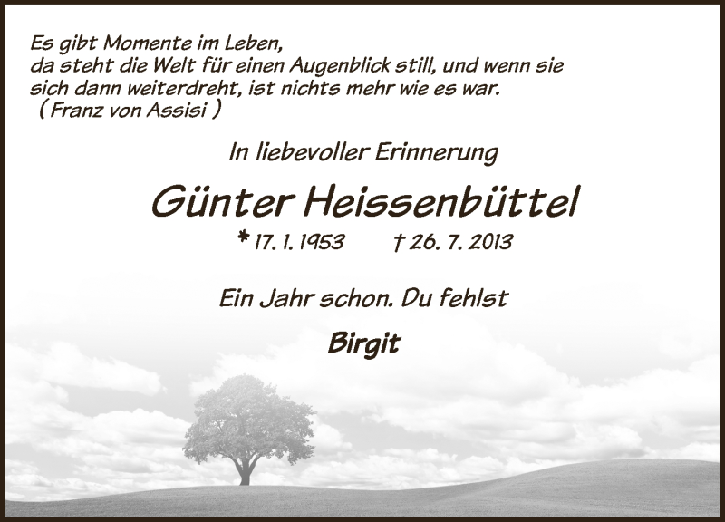  Traueranzeige für Günter Heissenbüttel vom 26.07.2014 aus WESER-KURIER