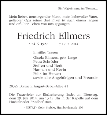 Traueranzeige von Friedrich Ellmers