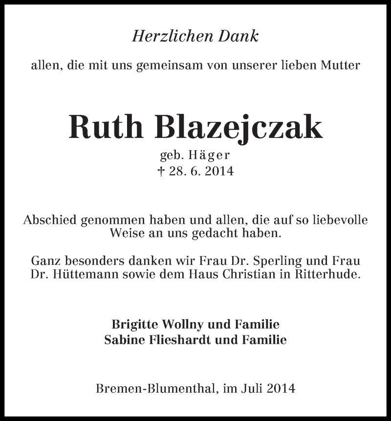 Traueranzeige von Ruth Blazejczak von Die Norddeutsche