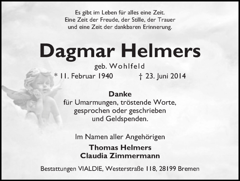  Traueranzeige für Dagmar Helmers vom 26.07.2014 aus WESER-KURIER
