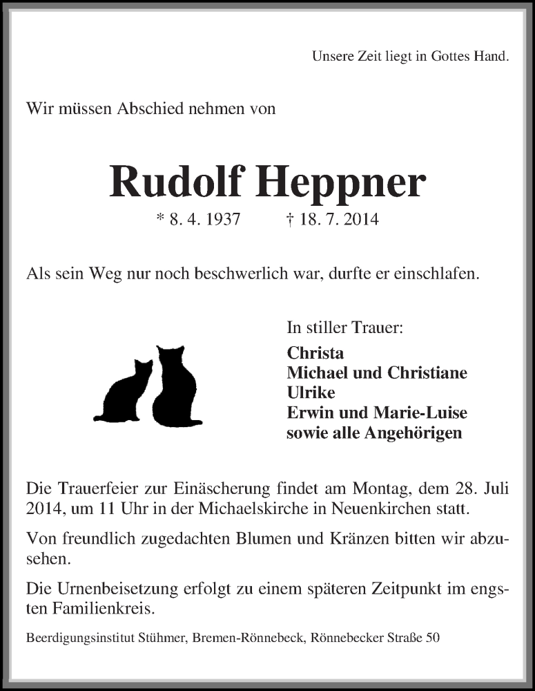 Traueranzeige von Rudolf Heppner von Die Norddeutsche