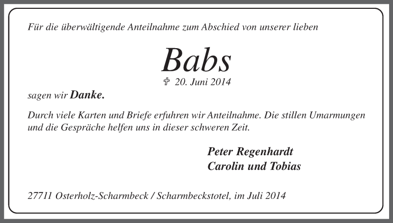 Traueranzeige von Babs  von Osterholzer Kreisblatt