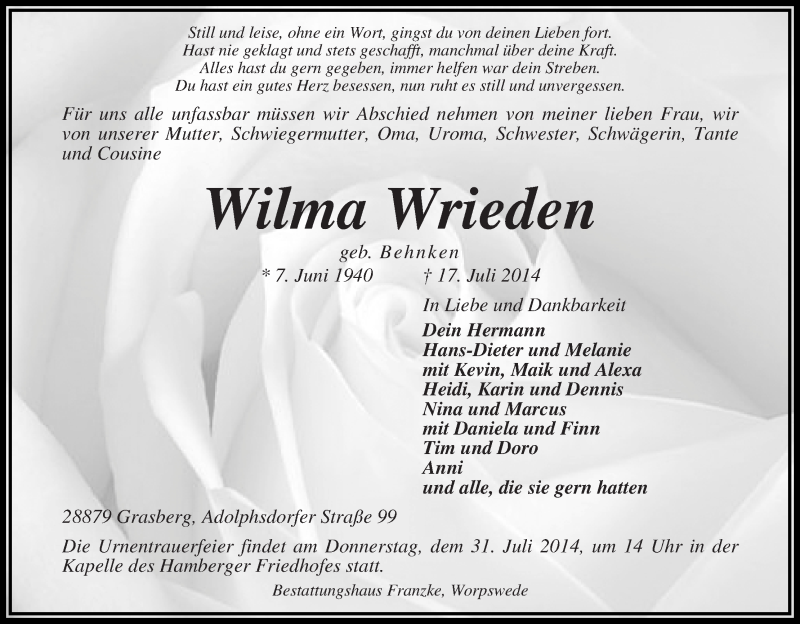 Traueranzeige von Wilma Wrieden von Osterholzer Kreisblatt
