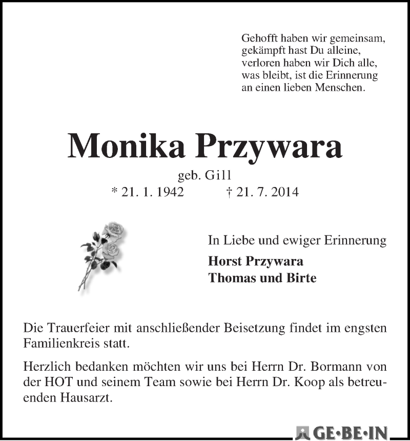 Traueranzeige von Monika Przywara von WESER-KURIER