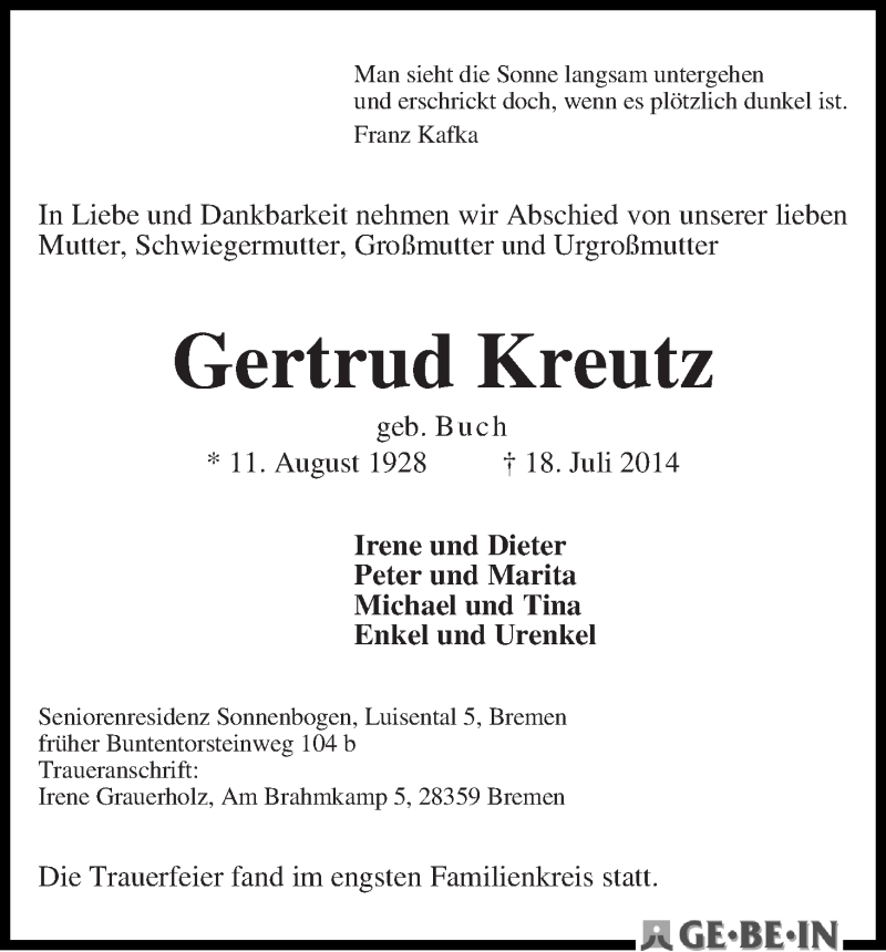 Traueranzeige von Gertrud Kreutz von WESER-KURIER