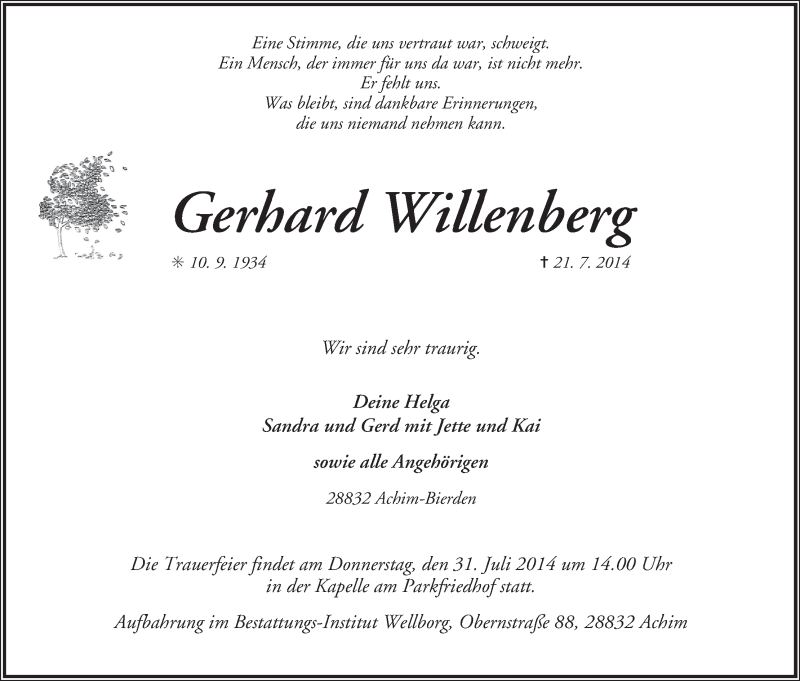 Traueranzeige von Gerhard Willenberg von Achimer Kurier/Verdener Nachrichten