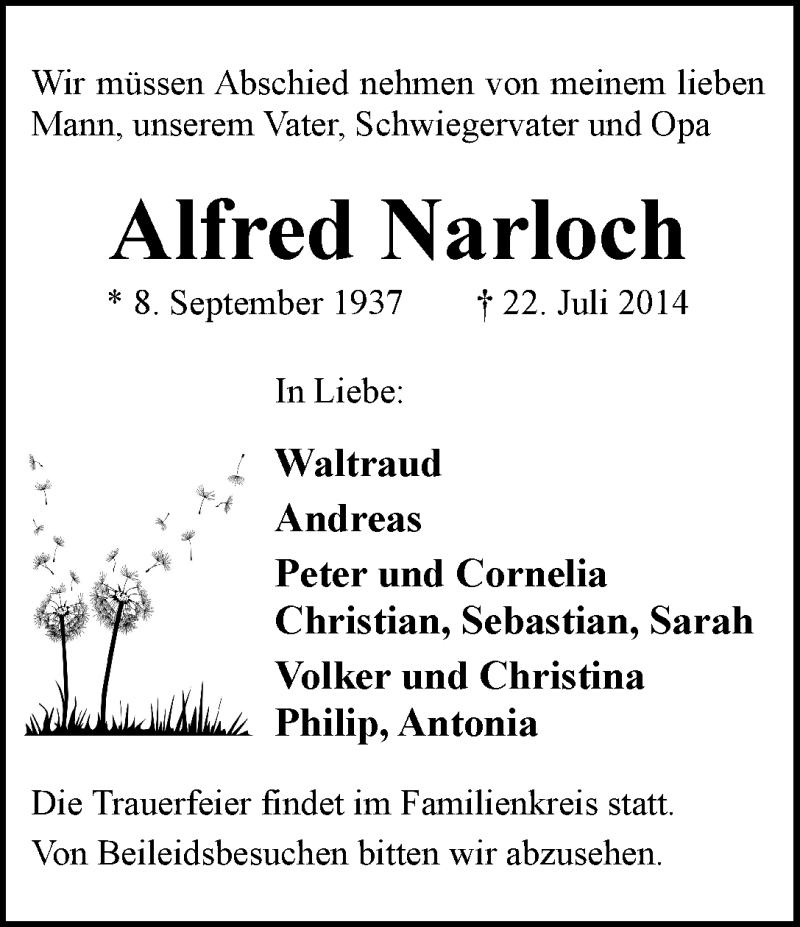 Traueranzeige von Alfred Narloch von WESER-KURIER