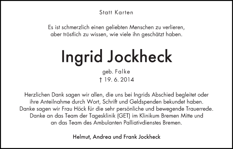 Traueranzeige von Ingrid Jockheck von WESER-KURIER