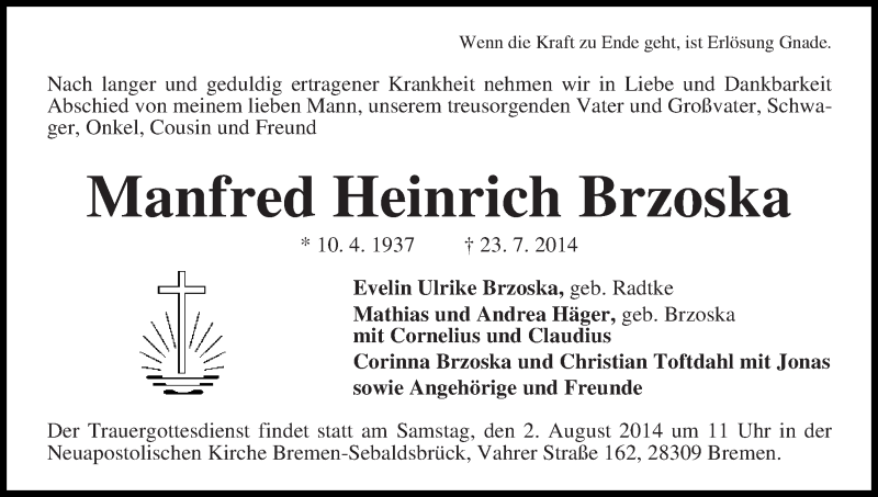Traueranzeige von Manfred Heinrich Brzoska von WESER-KURIER