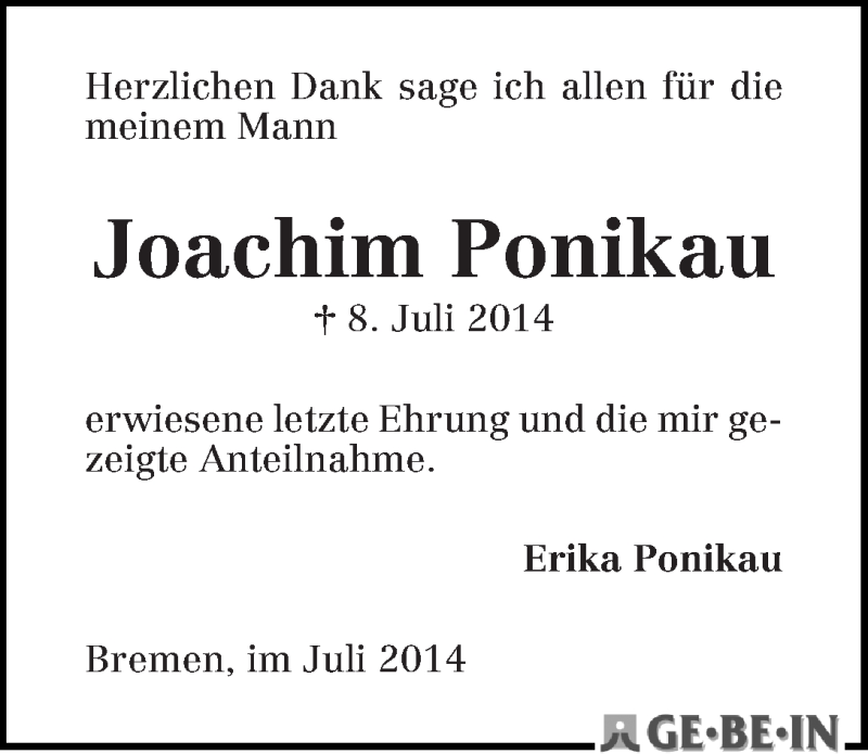 Traueranzeige von Joachim Ponikau von WESER-KURIER