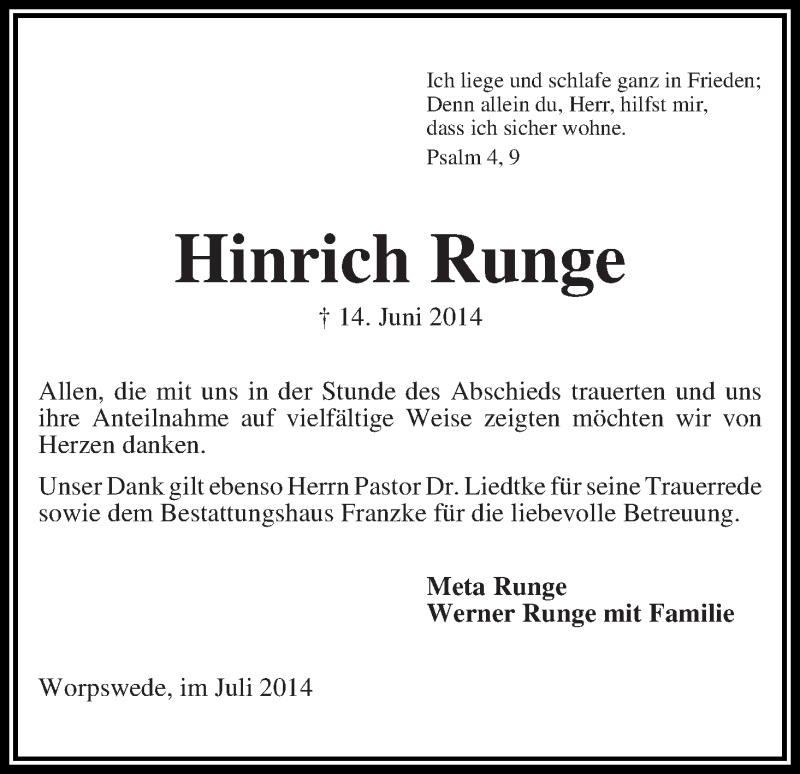 Traueranzeige von Hinrich Runge von Wuemme Zeitung