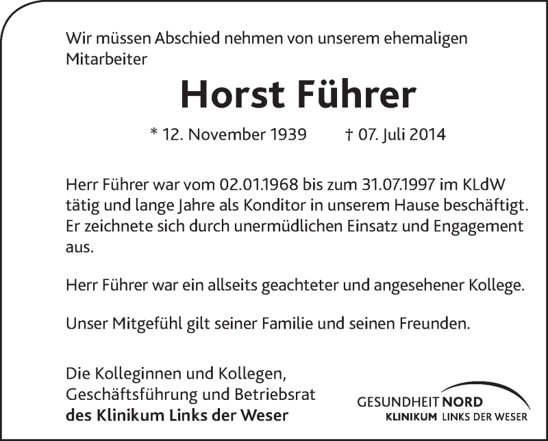 Traueranzeige von Horst Führer von WESER-KURIER
