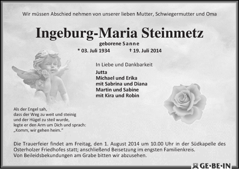Traueranzeige von Ingeburg-Maria Steinmetz von WESER-KURIER