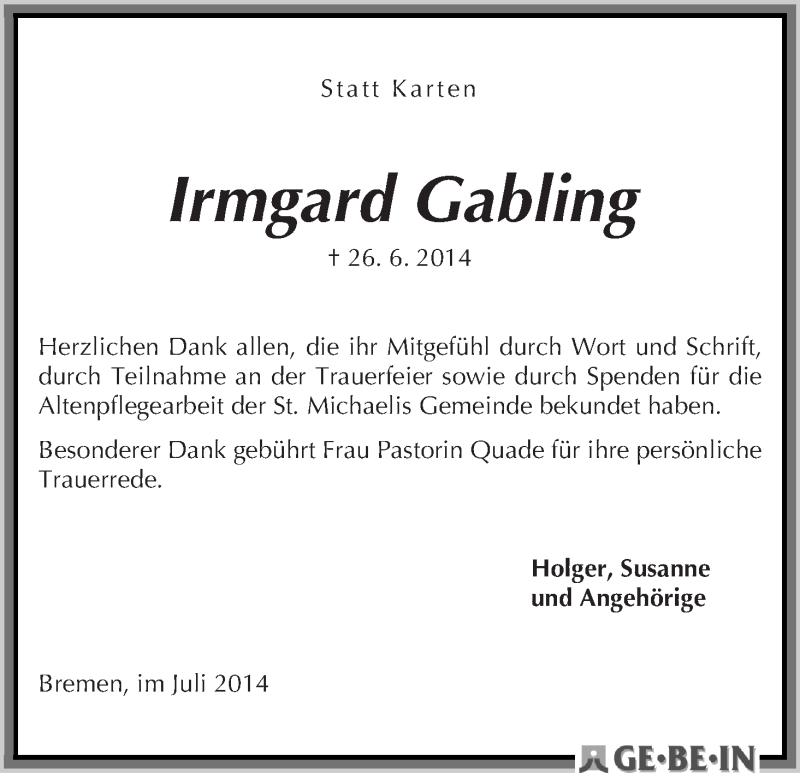 Traueranzeige von Irmgard Gabling von WESER-KURIER
