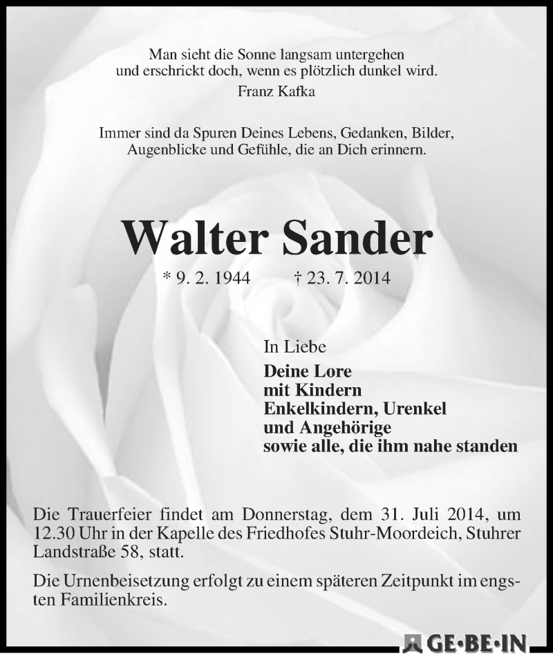 Traueranzeige von Walter Sander von WESER-KURIER