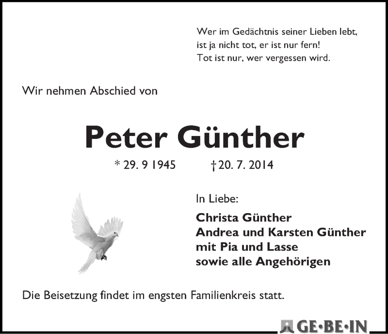 Traueranzeige von Peter Günther von WESER-KURIER