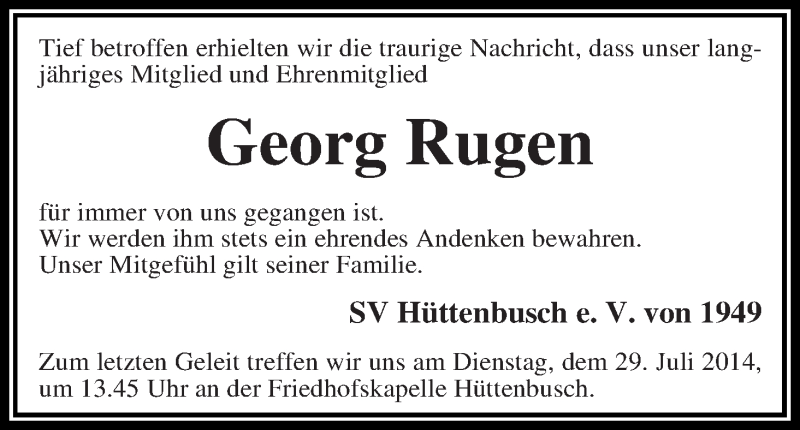 Traueranzeige von Georg Rugen von Wuemme Zeitung