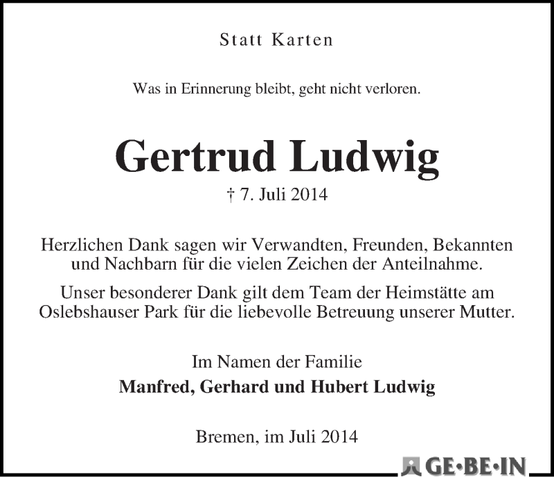 Traueranzeige von Gertrud Ludwig von WESER-KURIER