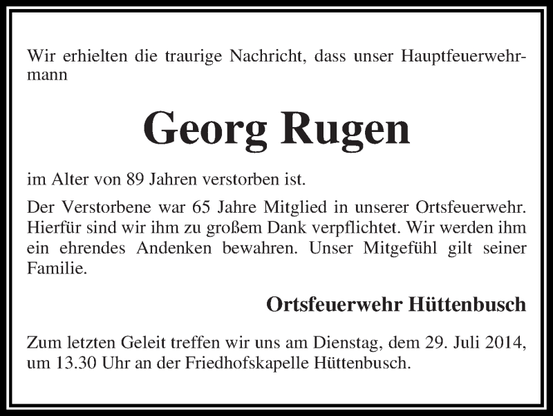 Traueranzeige von Georg Rugen von Wuemme Zeitung