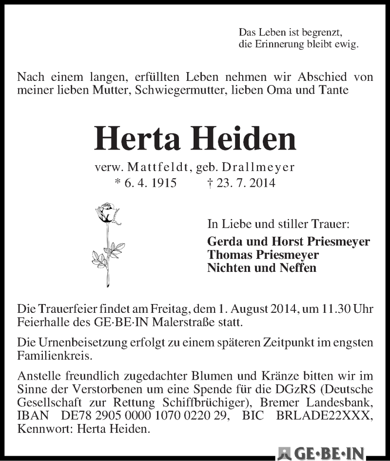 Traueranzeige von Herta Heiden von WESER-KURIER