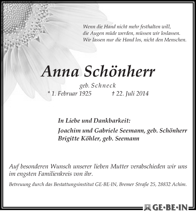Traueranzeige von Anna Schönherr von WESER-KURIER