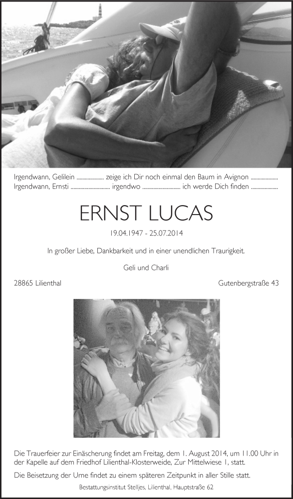  Traueranzeige für Ernst Lucas vom 28.07.2014 aus WESER-KURIER