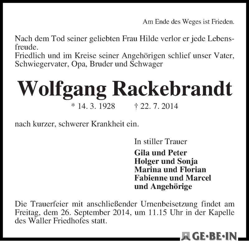  Traueranzeige für Wolfgang Rackebrandt vom 30.08.2014 aus WESER-KURIER