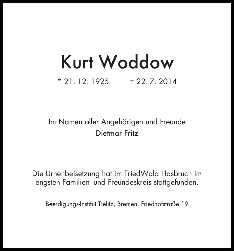 Traueranzeige von Kurt Woddow von WESER-KURIER