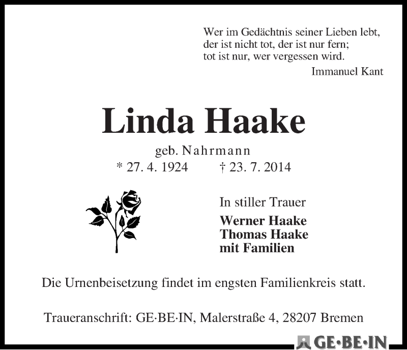 Traueranzeige von Linda Haake von WESER-KURIER